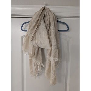 Codello Womens Cream Beige Metallic Striped Cotton Blend Fringe Wrap Scarf